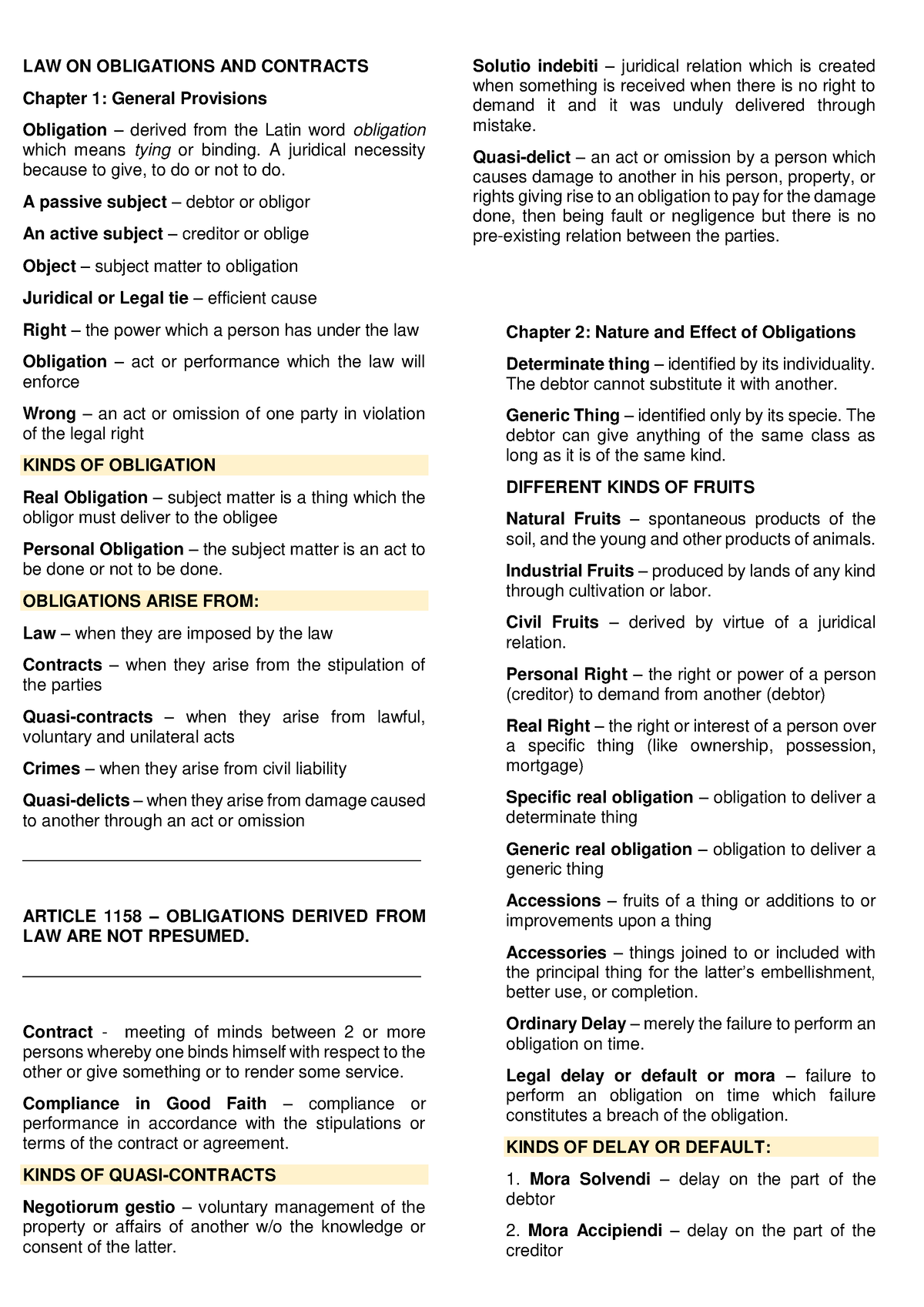 Oblicon Midterm Reviewer - LAW ON OBLIGATIONS AND CONTRACTS Chapter 1 ...