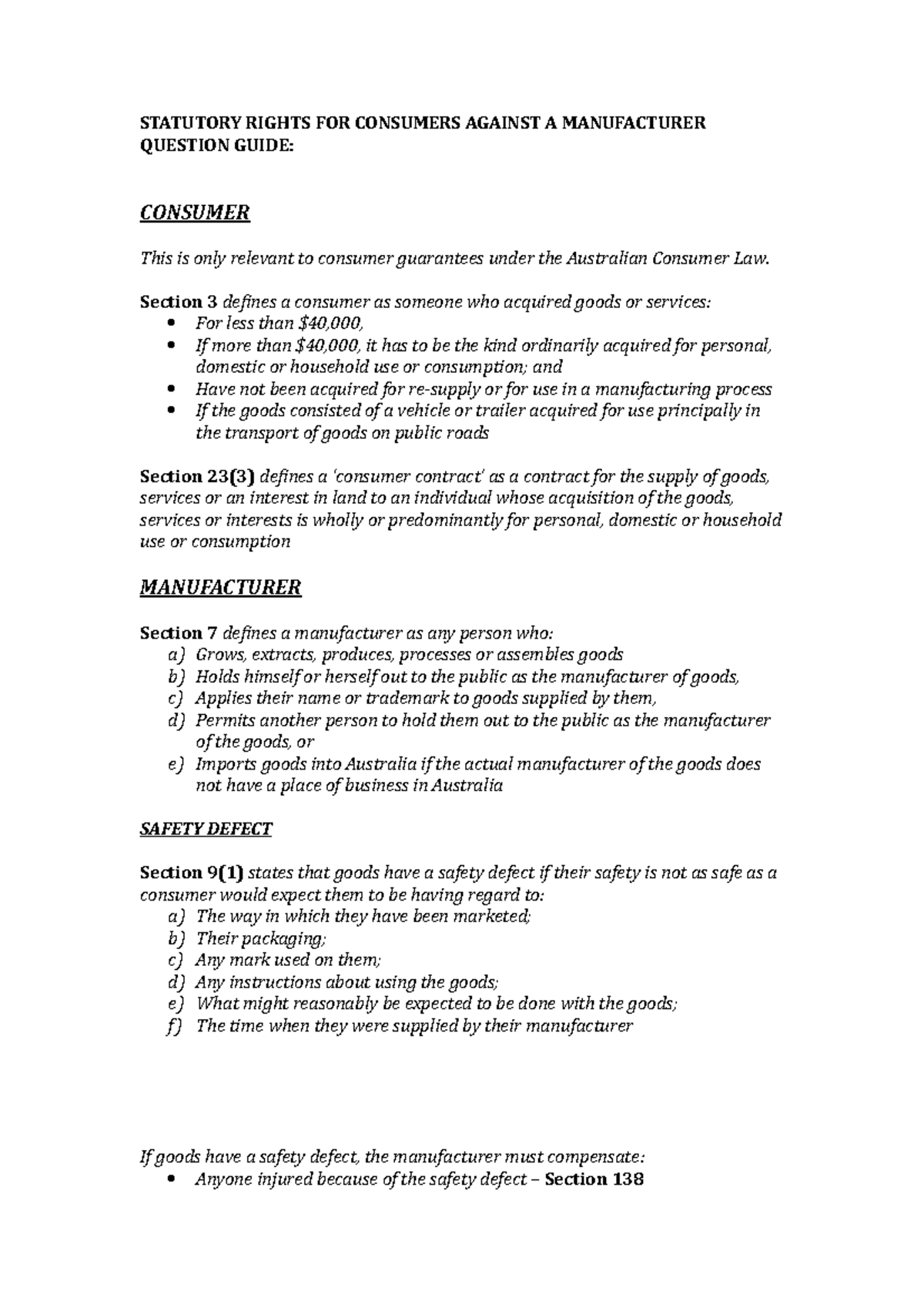 Statutory Rights FOR Consumers Against A Manufacturer Question Guide ...