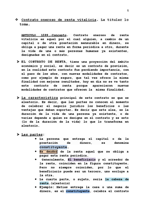 Contrato oneroso de renta vitalicia - La titular lo toma. ARTICULO 1599 .-  Concepto. Contrato - Studocu