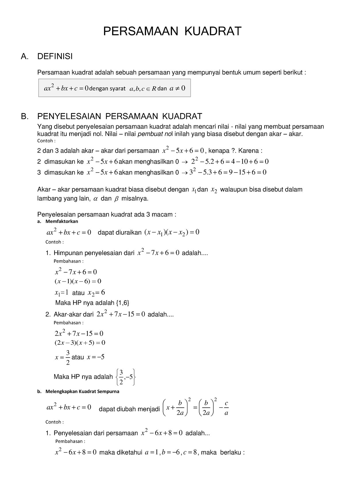 BAB 3 Persamaan DAN Fungsi Kuadrat - PERSAMAAN KUADRAT A. DEFINISI ...