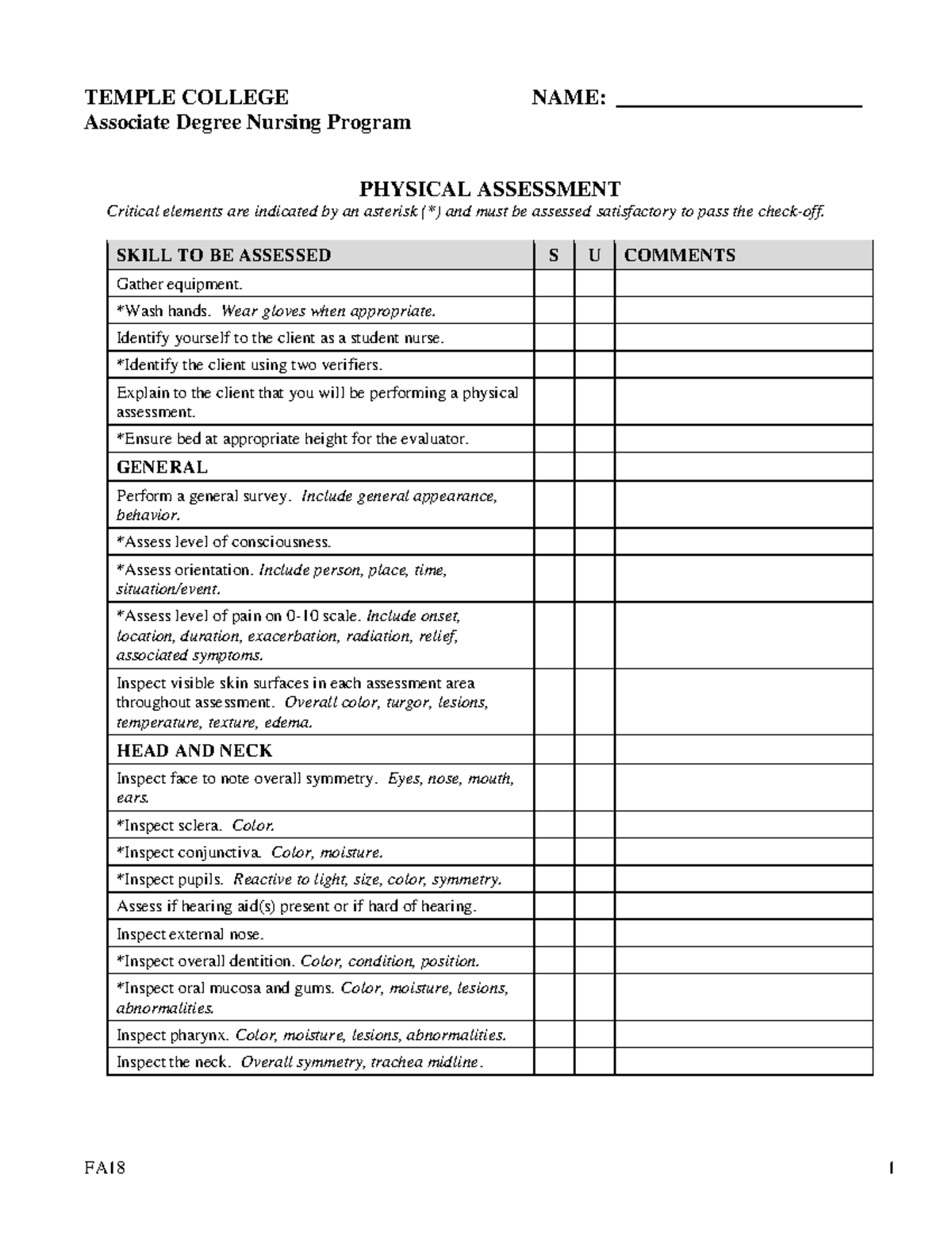 Physical Assessment Checklist FA18 FA18 1 TEMPLE COLLEGE NAME