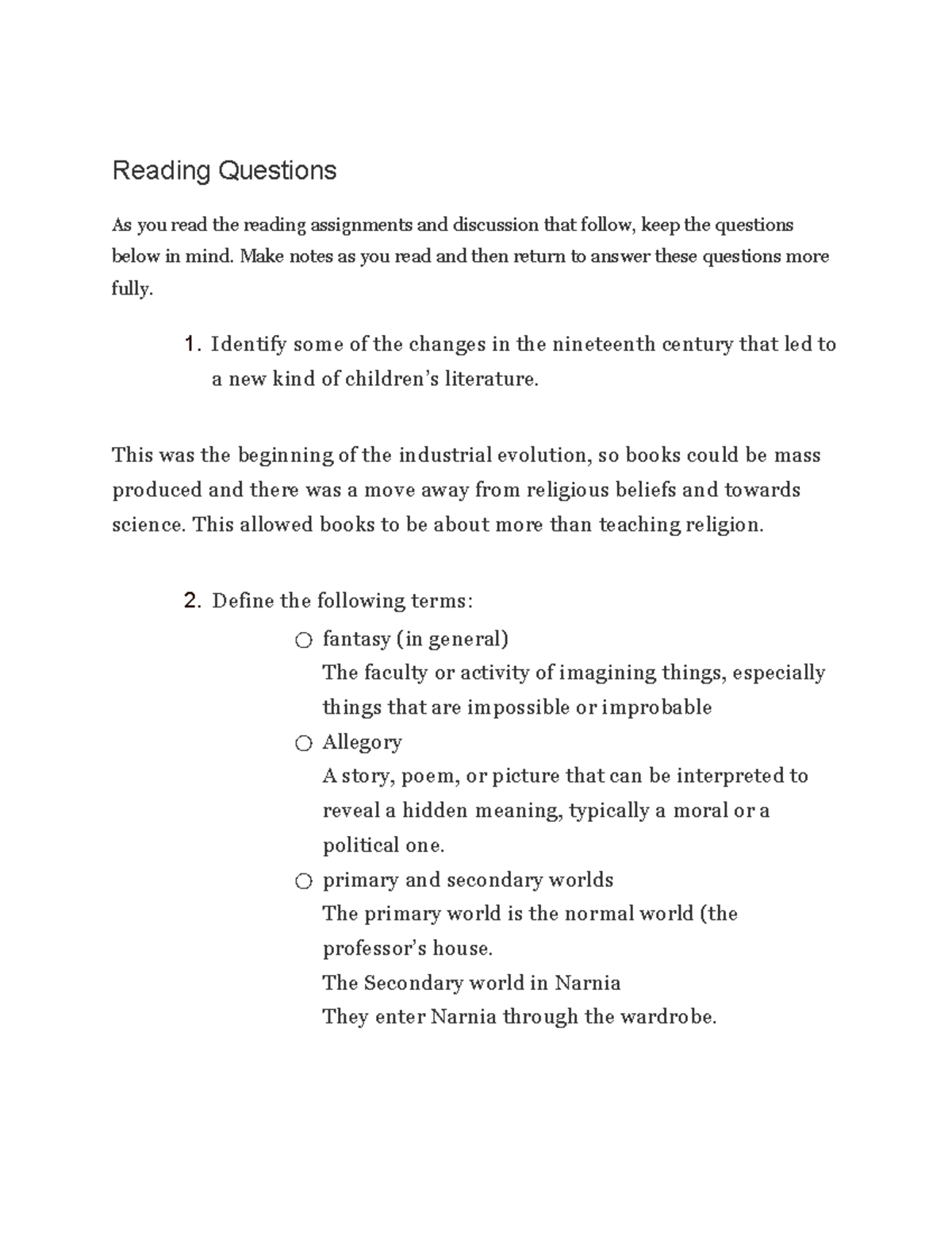 4 The Evolution Of Fantasy   Reading Questions As You Read The Reading