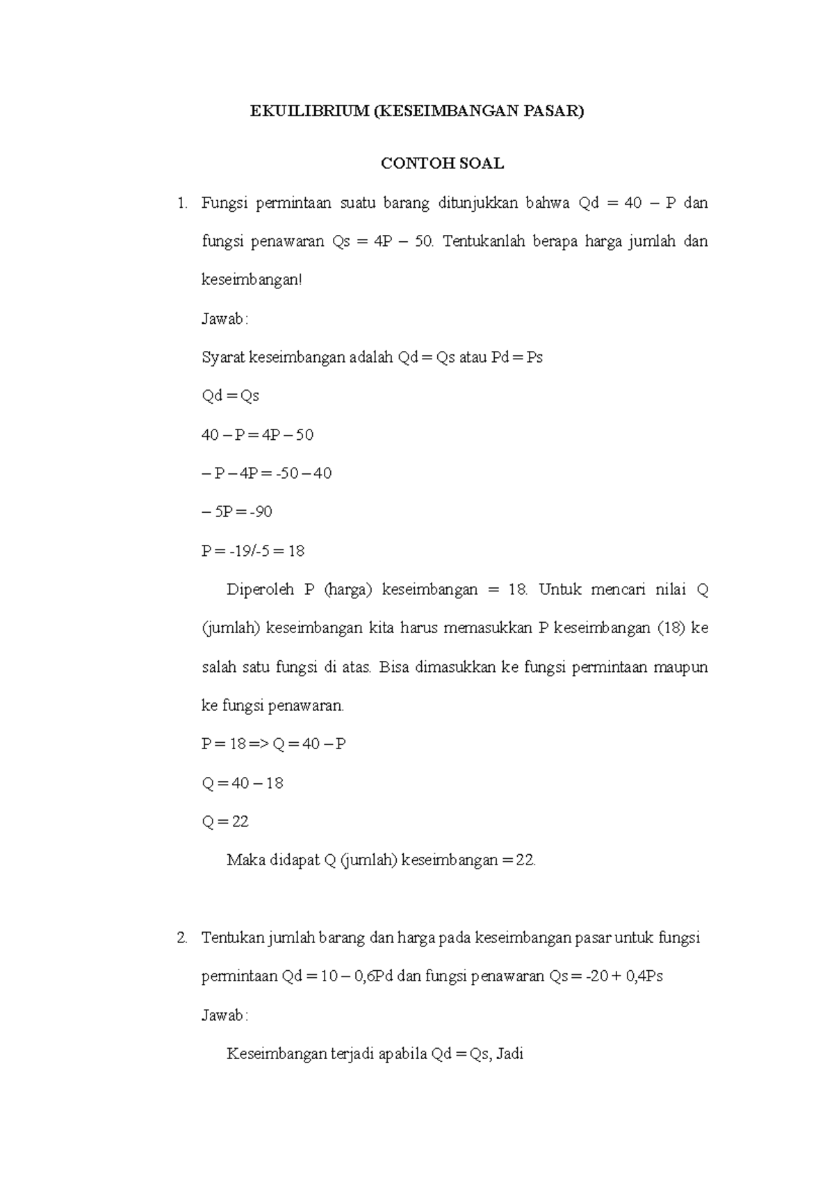 Contoh SOAL Ekuilibrium ( Keseimbangan Pasar) - EKUILIBRIUM ...