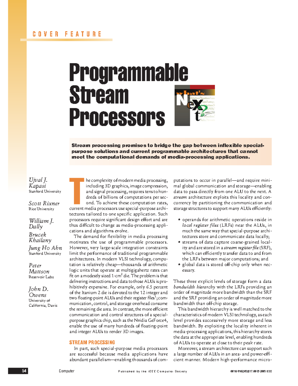 Stream-Processing Dally IEEE-Computer-2003 - 54 Computer 0018-9162/03 ...