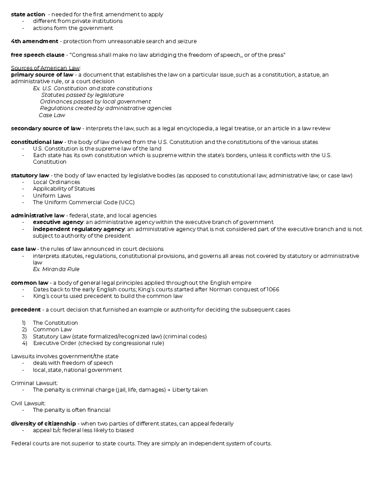 Mass Media Law - Exam Study Guide - state action - needed for the first ...