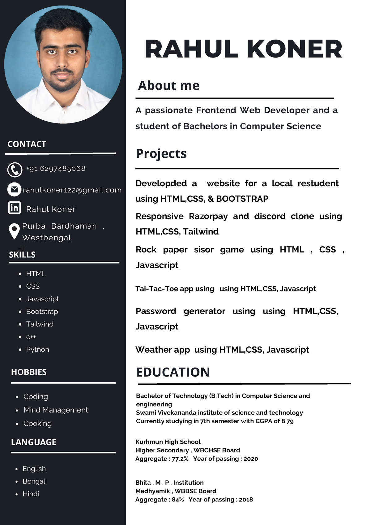 Rahul Koner - tT RAHUL KONER About me A passionate Frontend Web ...