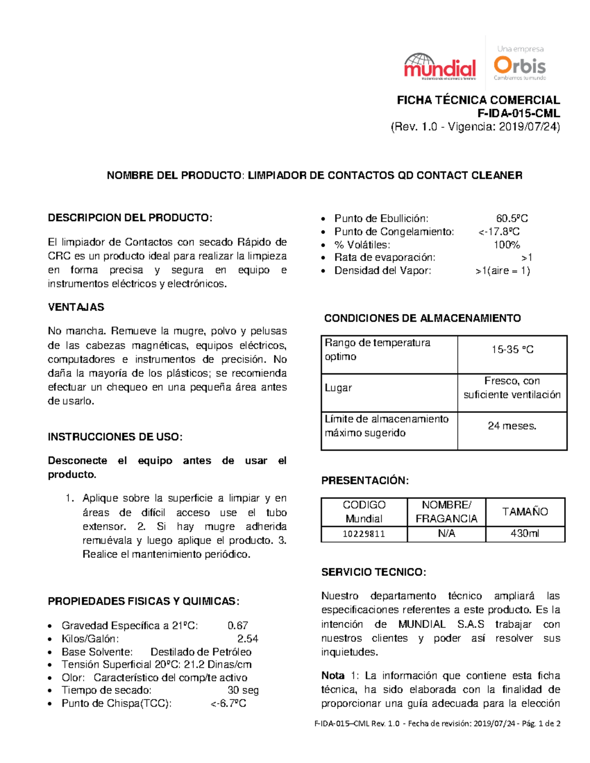 CRC Limpiador DE Contactos QD Contact Cleaner FICHA TÉCNICA COMERCIAL