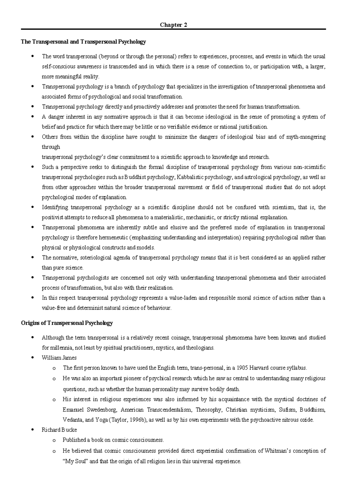 Chapter 2 - notes for itp - Chapter 2 The Transpersonal and ...