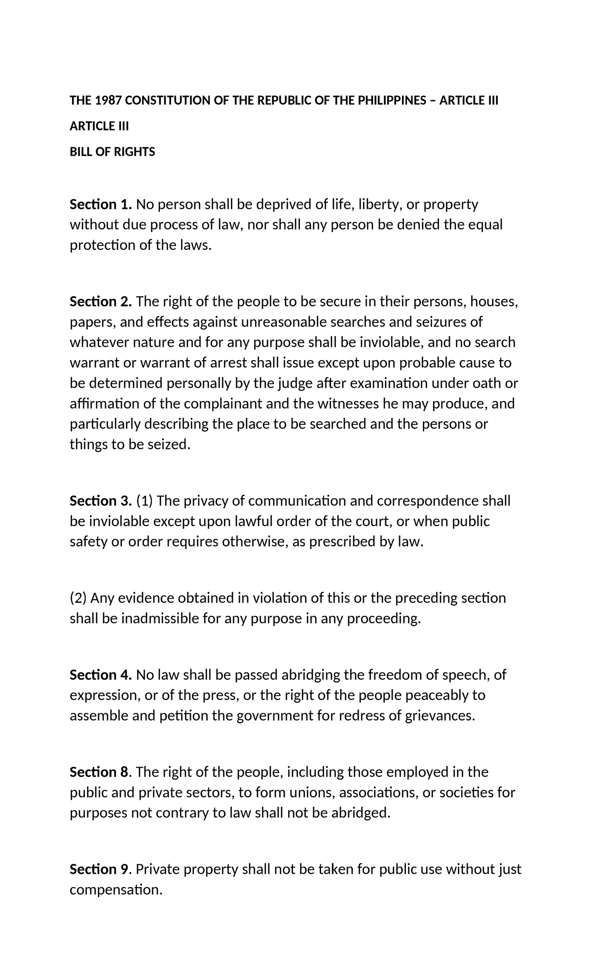 Bill of rights - Goodluckk - THE 1987 CONSTITUTION OF THE REPUBLIC OF ...
