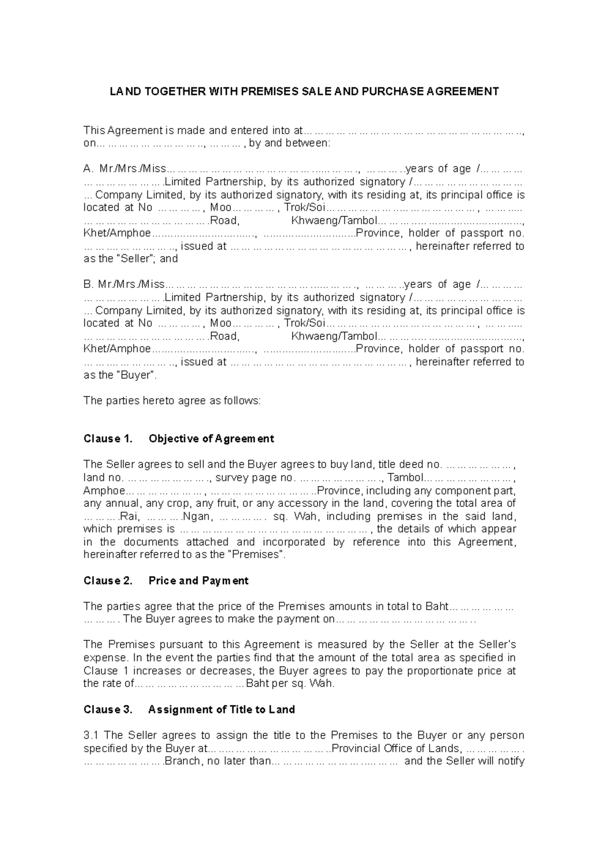 Land Sales Agreement Template - LAND TOGETHER WITH PREMISES SALE AND ...