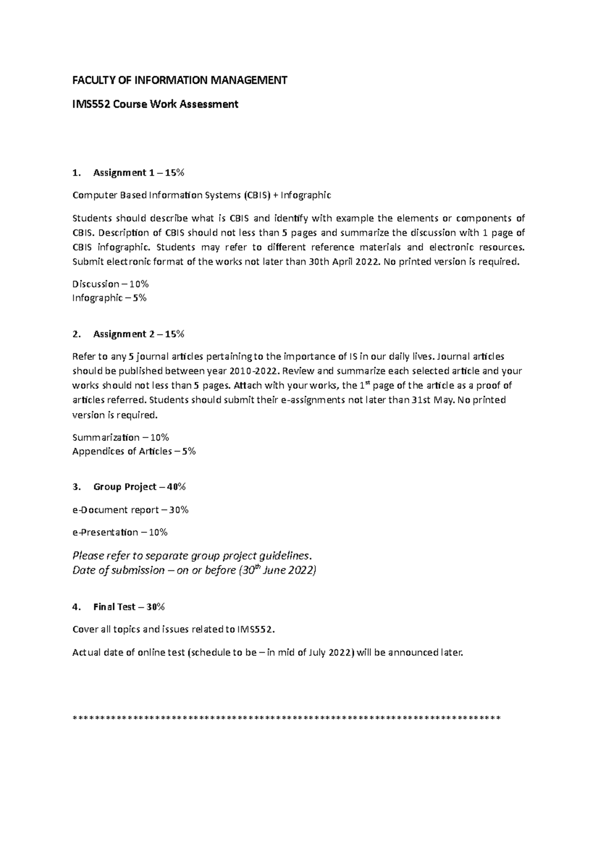 IMS552 Course Work Assessment ODL 20222 Mar - Aug 2022 30% - FACULTY OF ...
