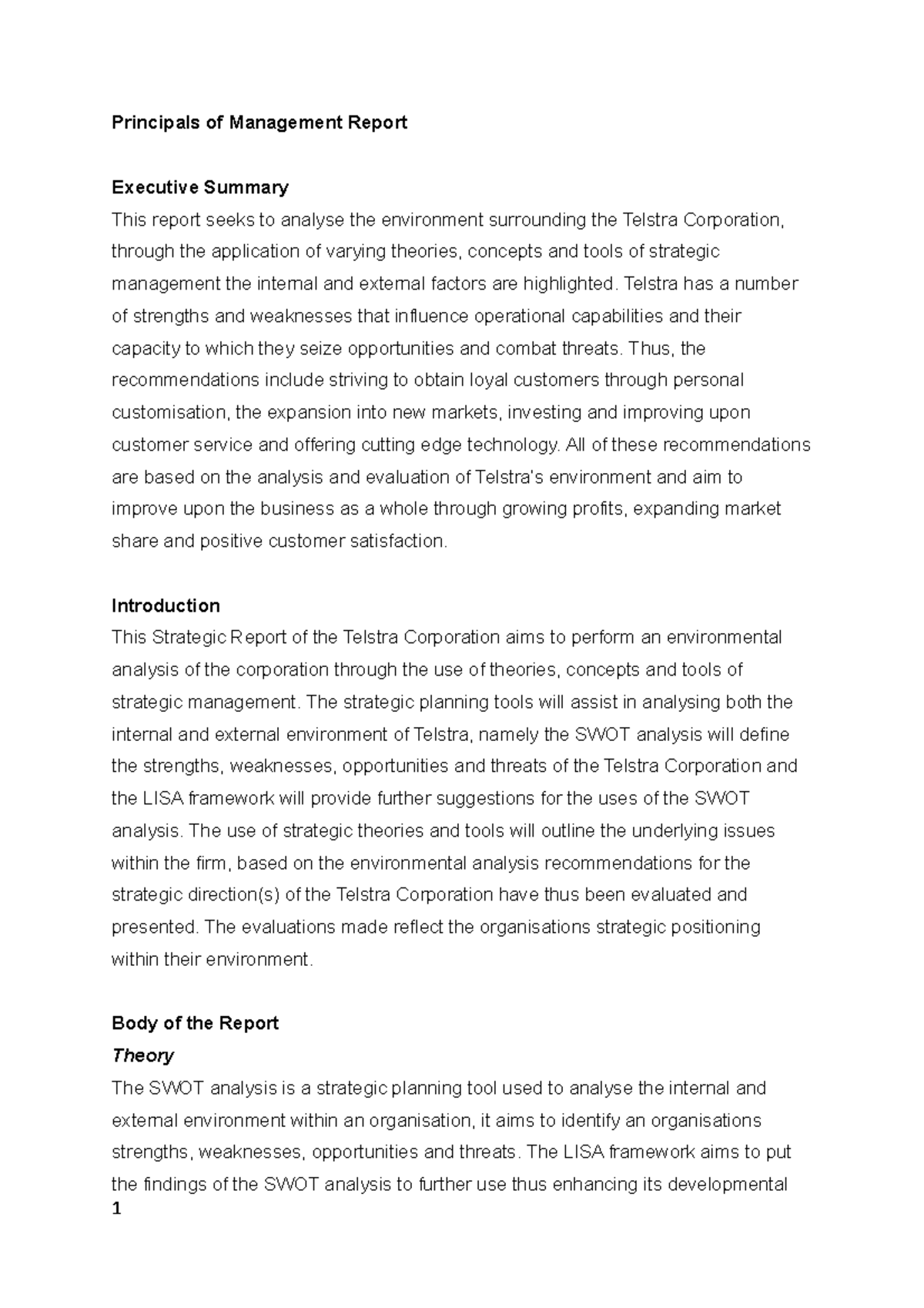 BBA102 Final report - Principals of Management Report Executive Summary ...
