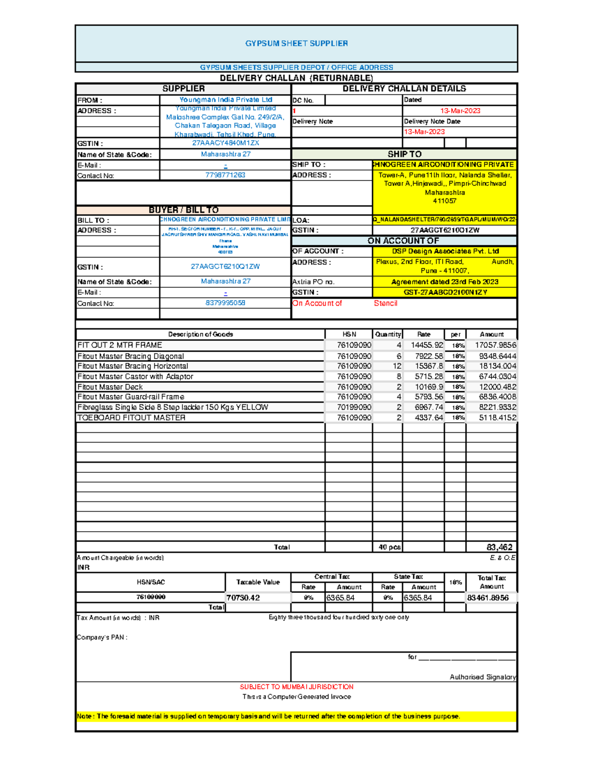 Deliverychallan Draft for Returnable - GYPSUM SHEETS SUPPLIER DEPOT ...