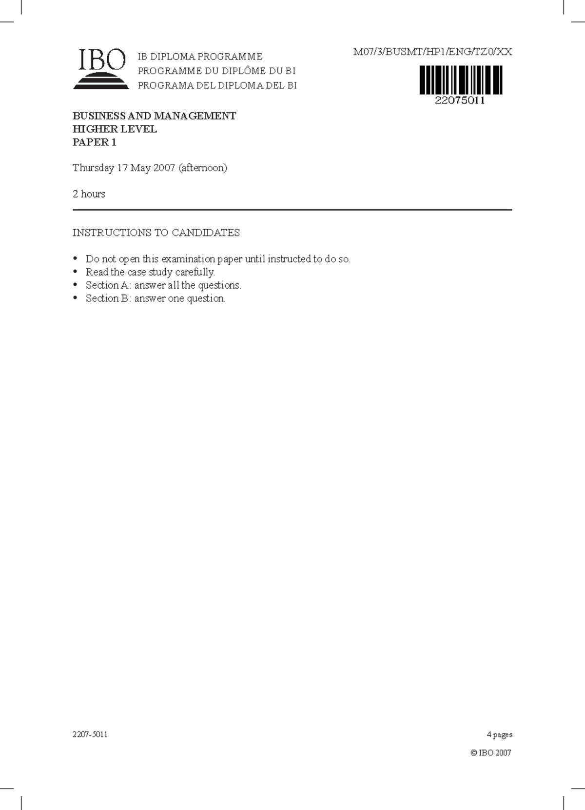 Business and management HL paper 1 IB DIPLOMA PROGRAMME PROGRAMME DU