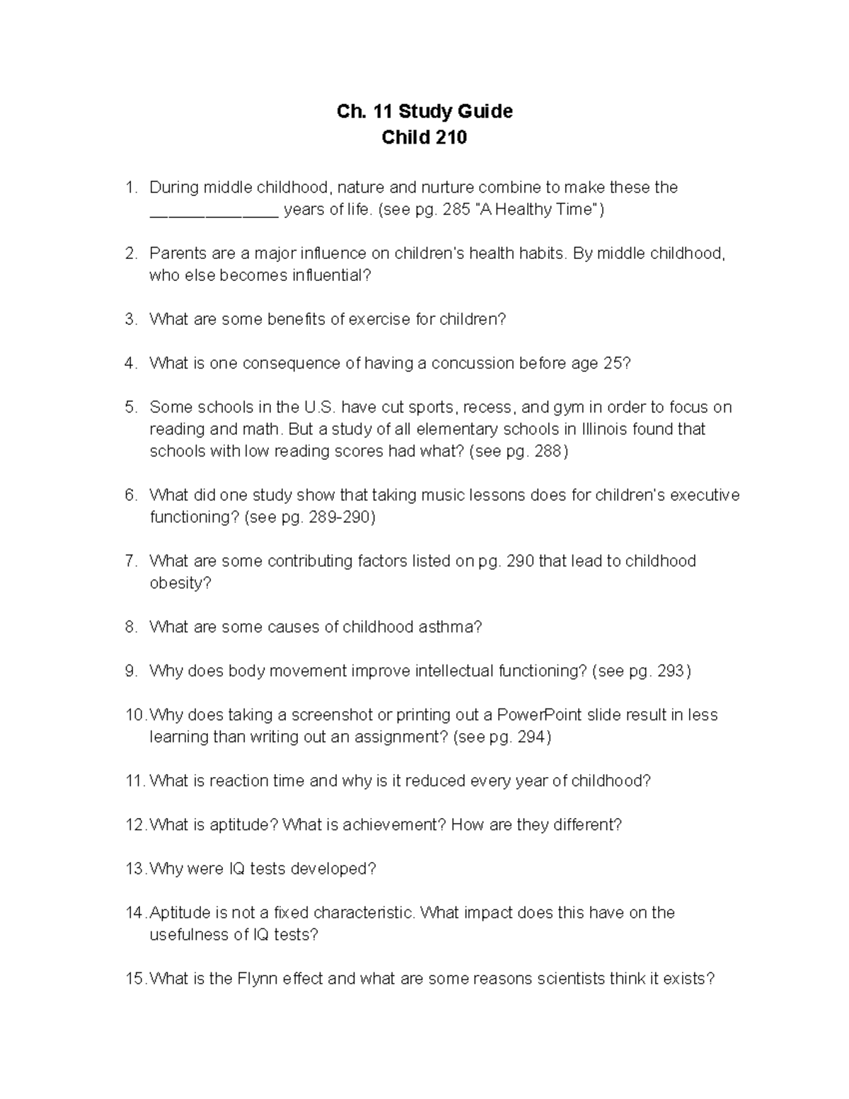 Ch 11 Study Guide - Ch. 11 Study Guide Child 210 During Middle ...