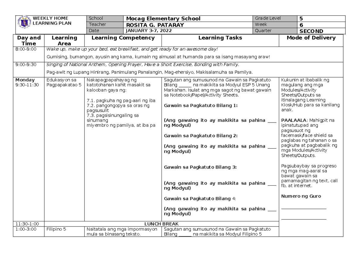 WHLP- Grade 5 (Q2 Week 6) - WEEKLY HOME LEARNING PLAN School Mocag ...
