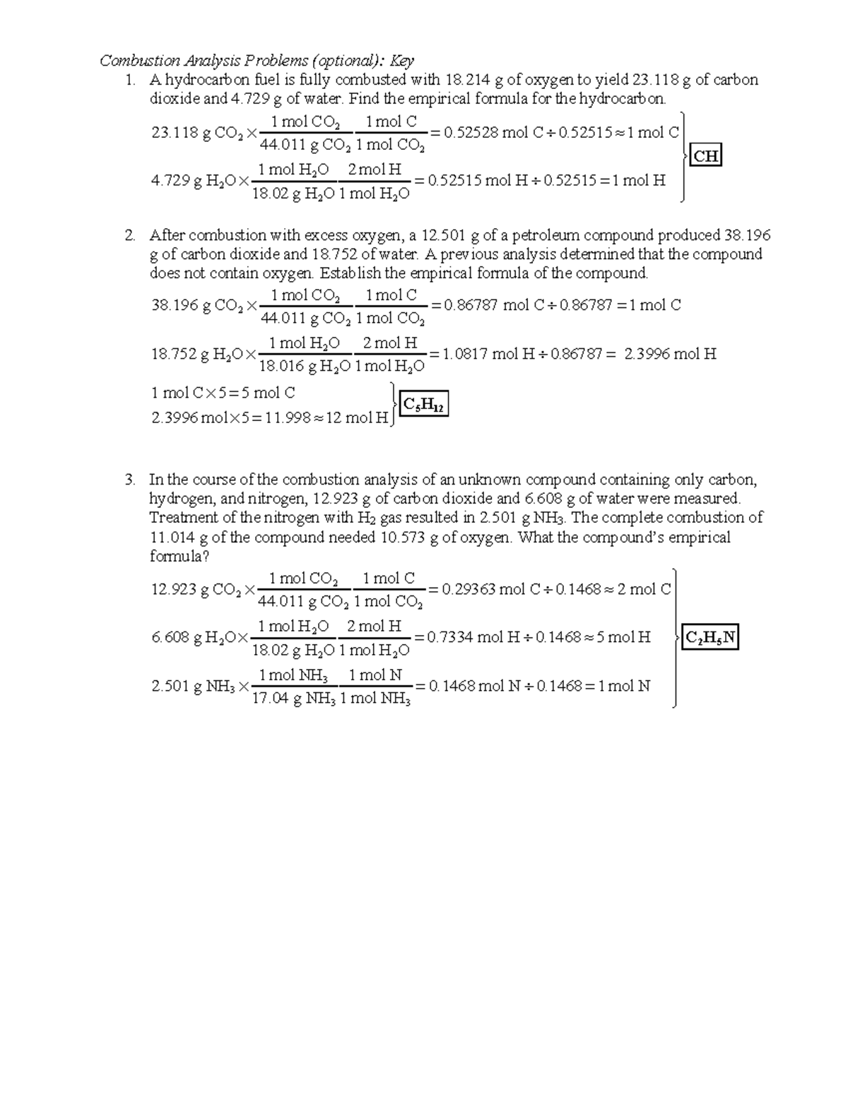 Combustion Analysis Extra Problems Key - Combustion Analysis Problems ...