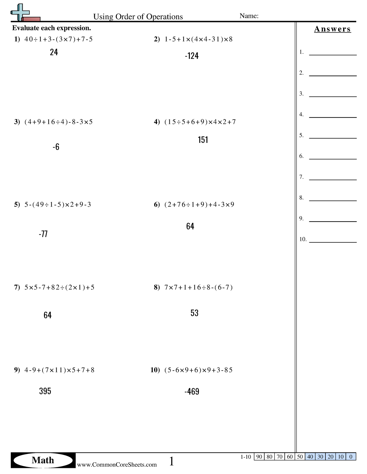 Order of Operations Practice - 7 × 7 + 1 + 1 6 ÷ 8 - ( 6 - 7 ) Evaluate ...