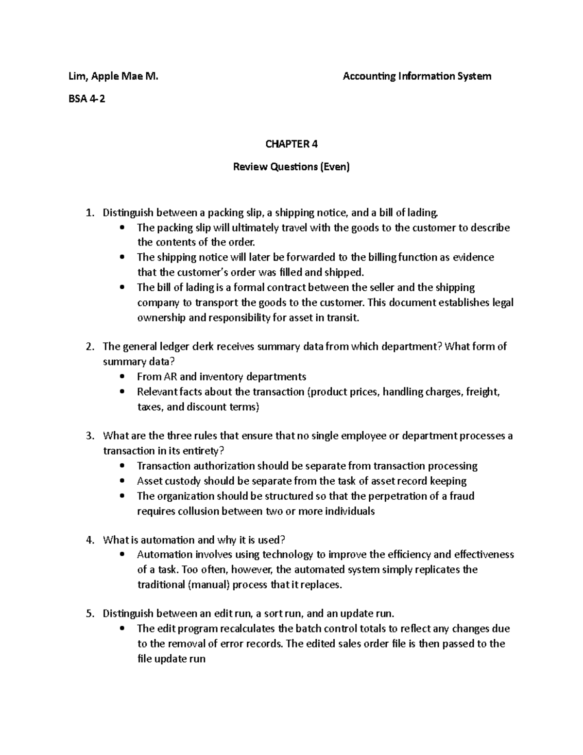 AIS Chapters 4-6 - Review Questions AIS James Hall 7th Edition - Lim ...