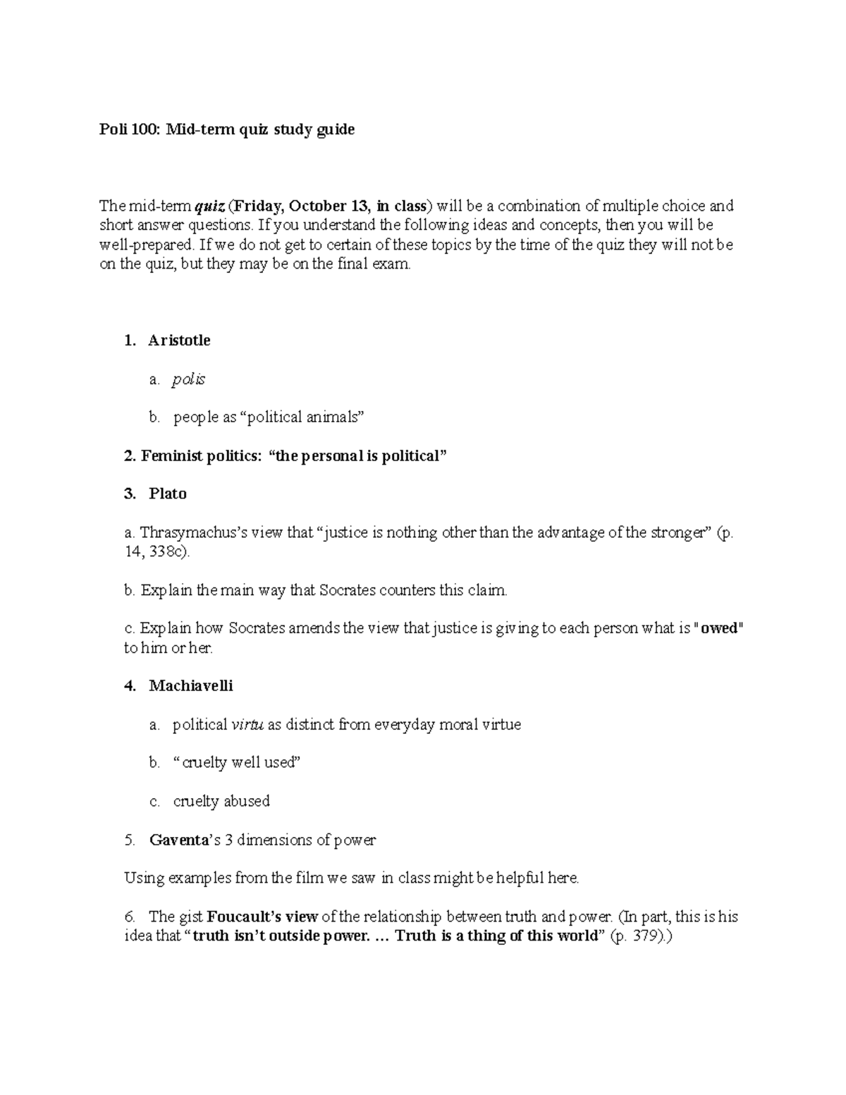 Poli 100 Mid-term Quiz Study Guide - Poli 100: Mid-term Quiz Study ...