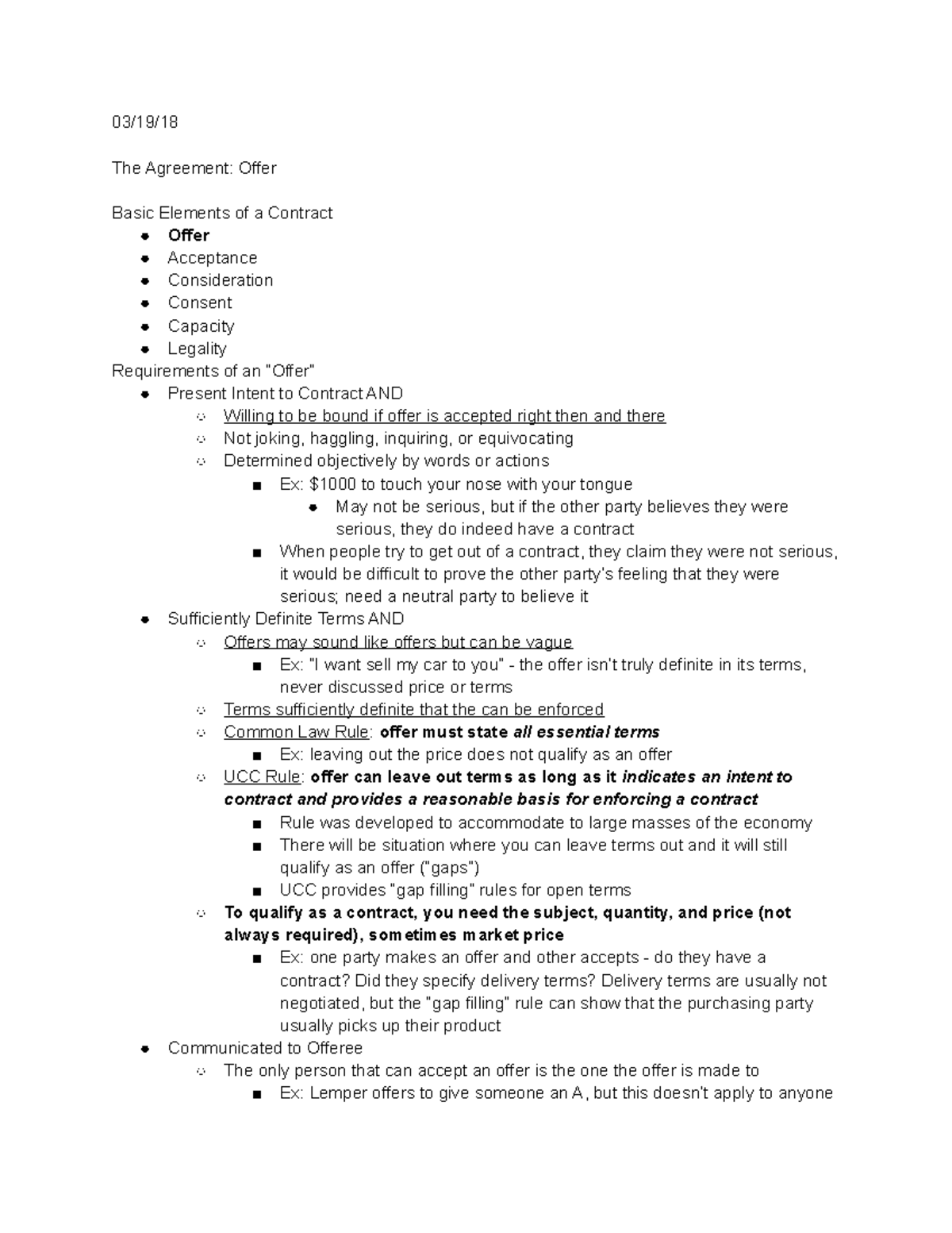 03 19 18 - Lecture notes 13 - 03/19/ The Agreement: Offer Basic ...