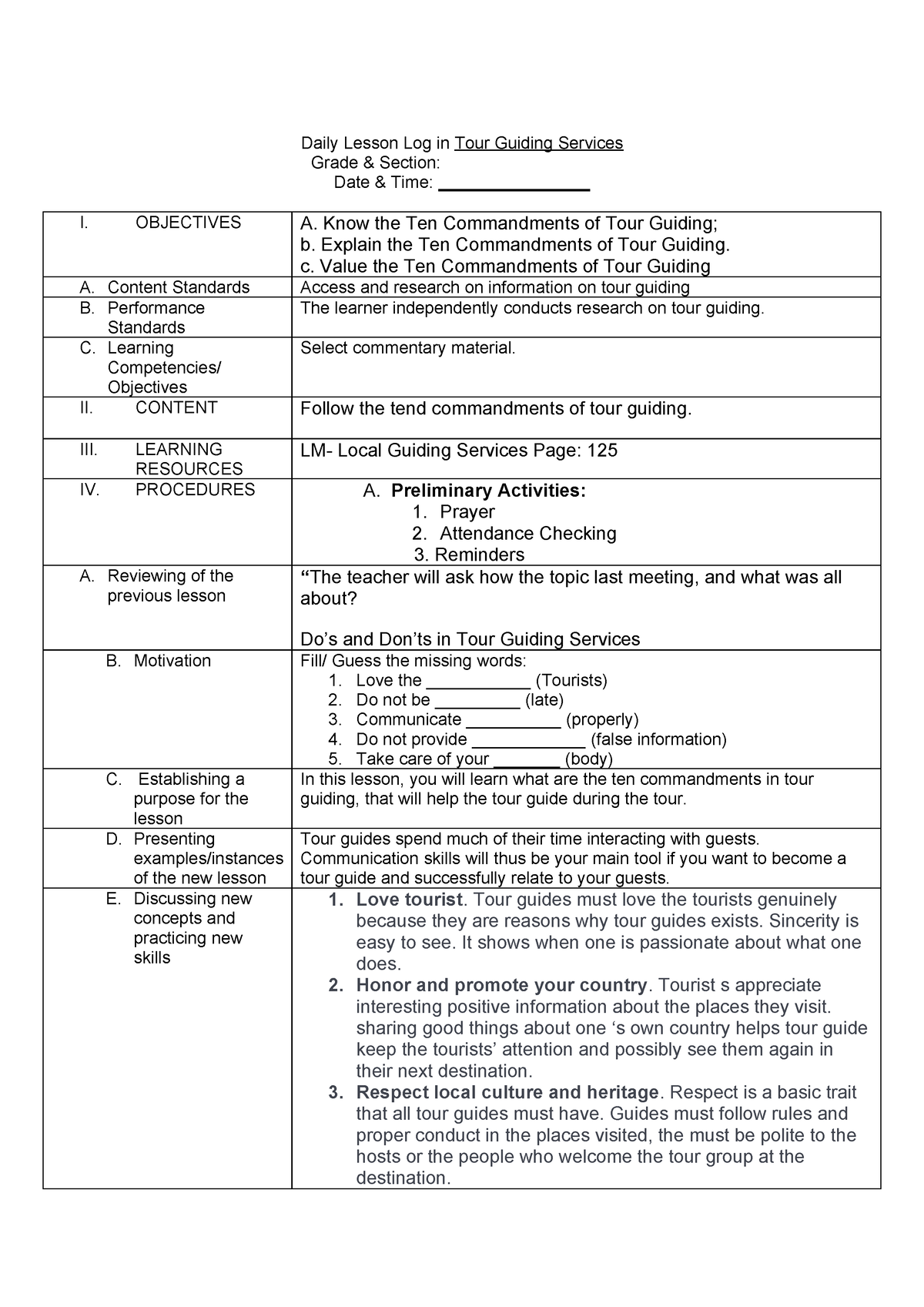 TEN Commandments OF TOUR Guiding - Daily Lesson Log in Tour Guiding ...