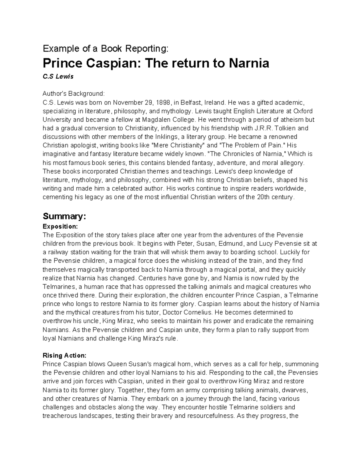 Book Report (Example) - Example of a Book Reporting: Prince Caspian ...
