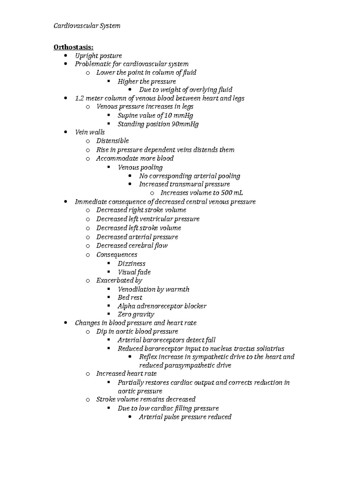 Orthostasis Lecture Notes - Cardiovascular System Orthostasis: Upright ...