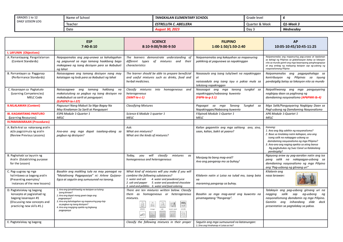 Q1 Wk1 Day 3 - Dlp - GRADES 1 To 12 DAILY LESSON LOG Name Of School ...