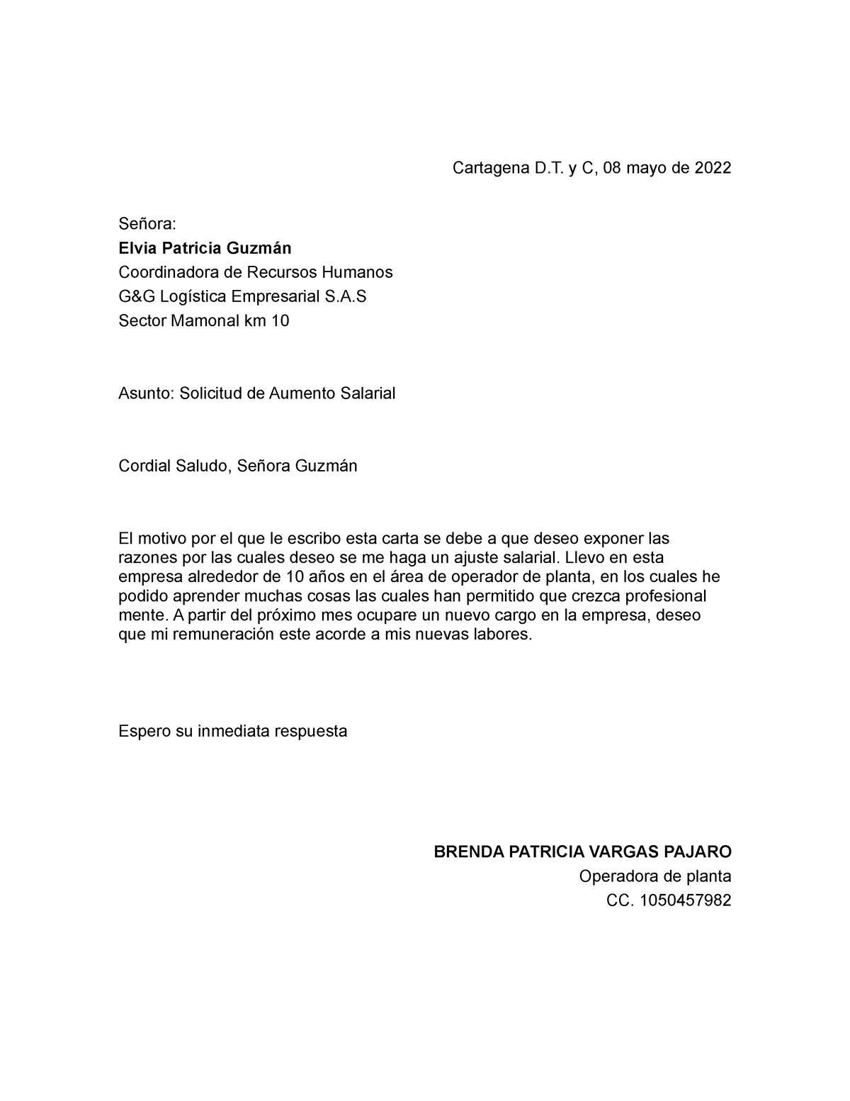 Carta Aumento Salarial Estio Bloque Cartagena D. y C, 08 mayo de 2022