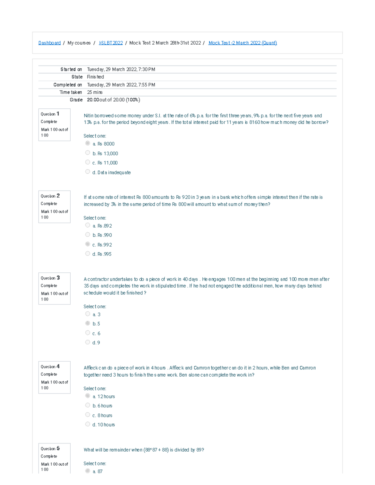 Mock Test -2 March 2022 (Quant) Attempt review - Dashboard/My courses ...