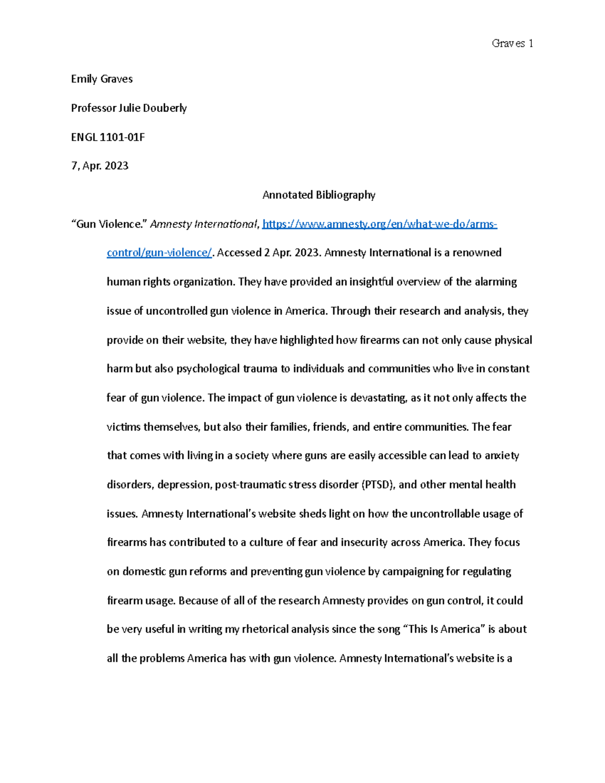 Annotated Bibliography 4 Graves 1 Emily Graves Professor Julie