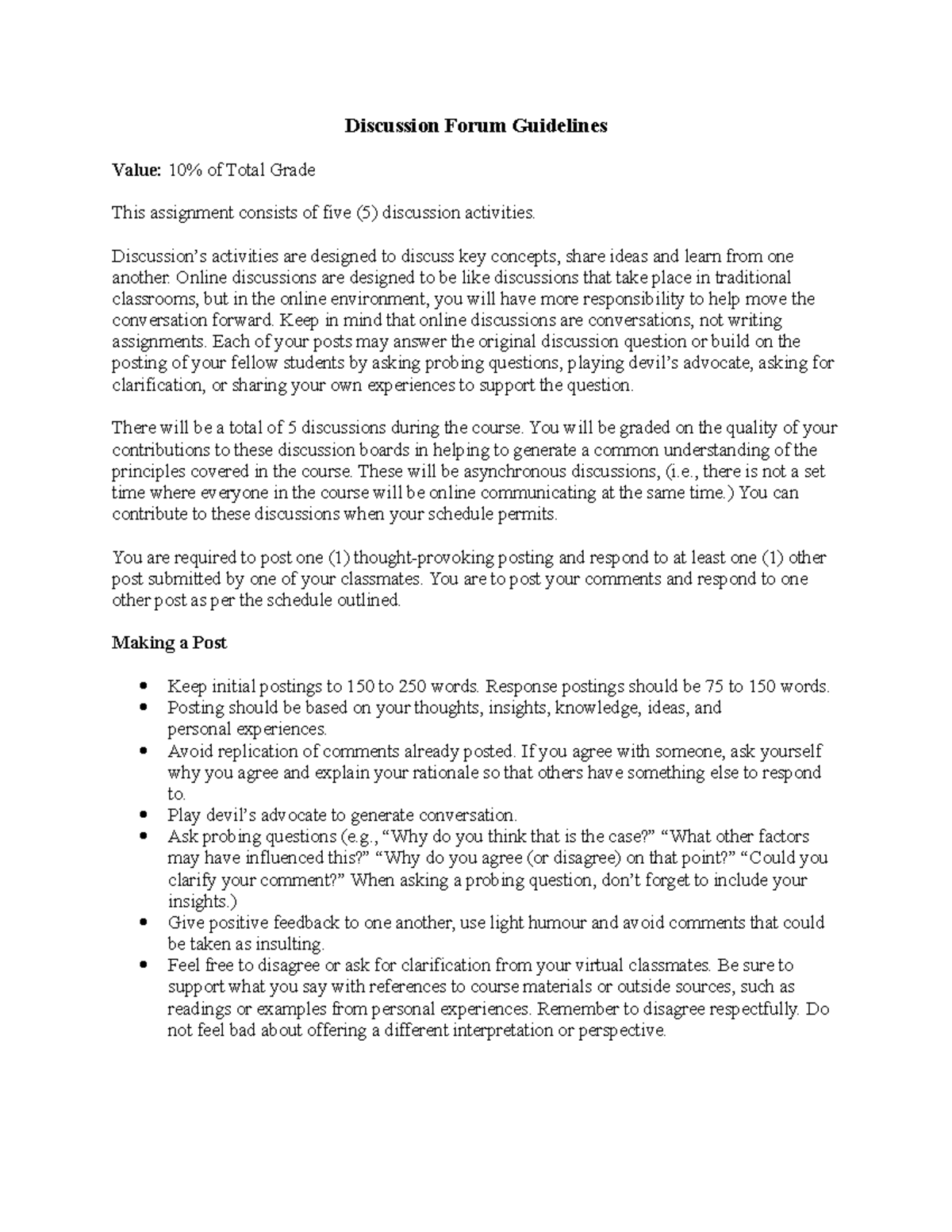 Discussion ForumsGuidelines for the course Discussion Forum