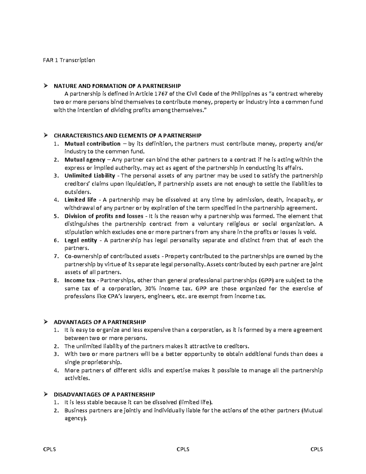 FAR 1 ACCOUNTING FOR PARTNERSHIP CORPORATION Transcriptions - FAR 1 ...