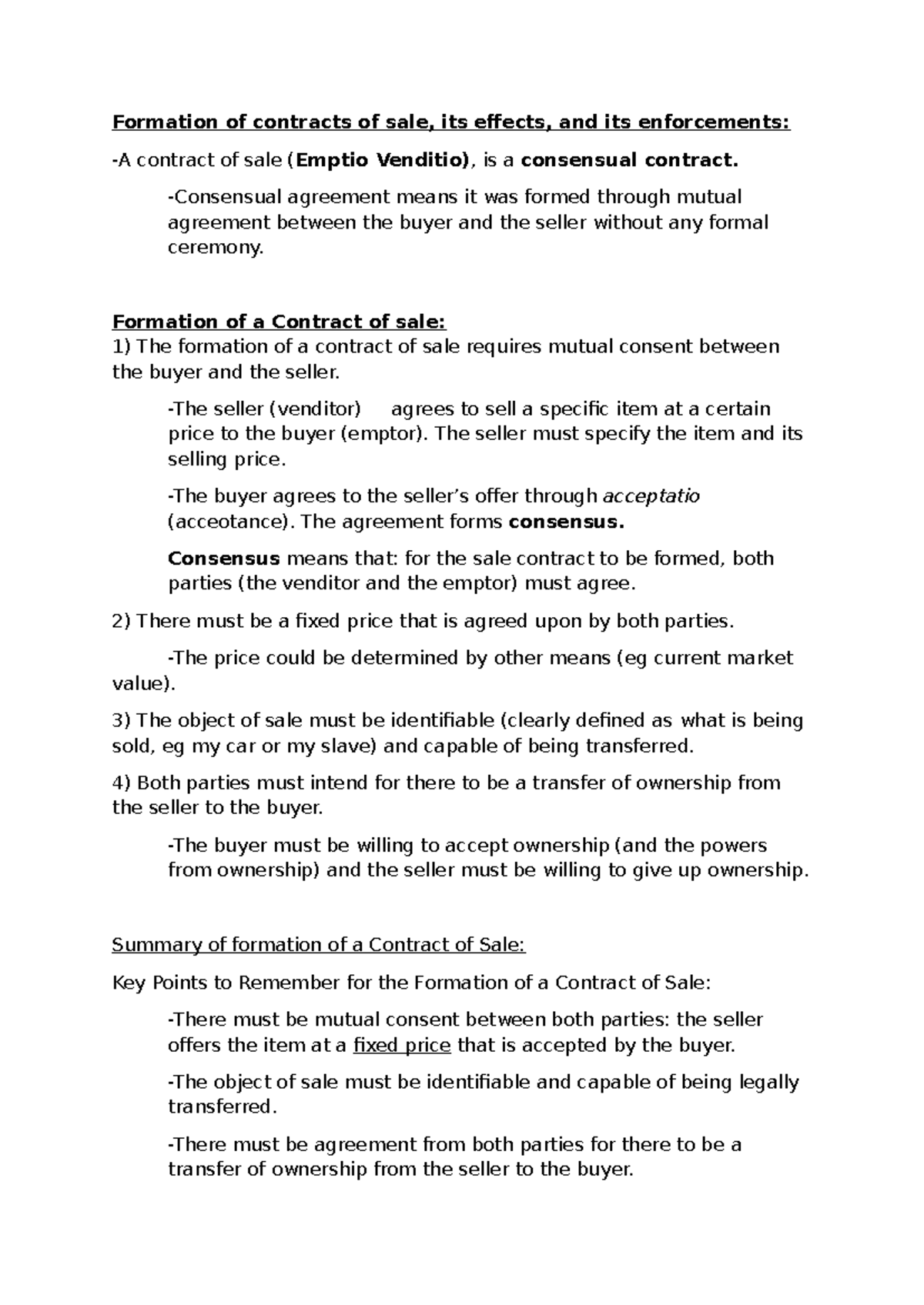 Contracts OF SALE - Formation of contracts of sale, its effects, and ...