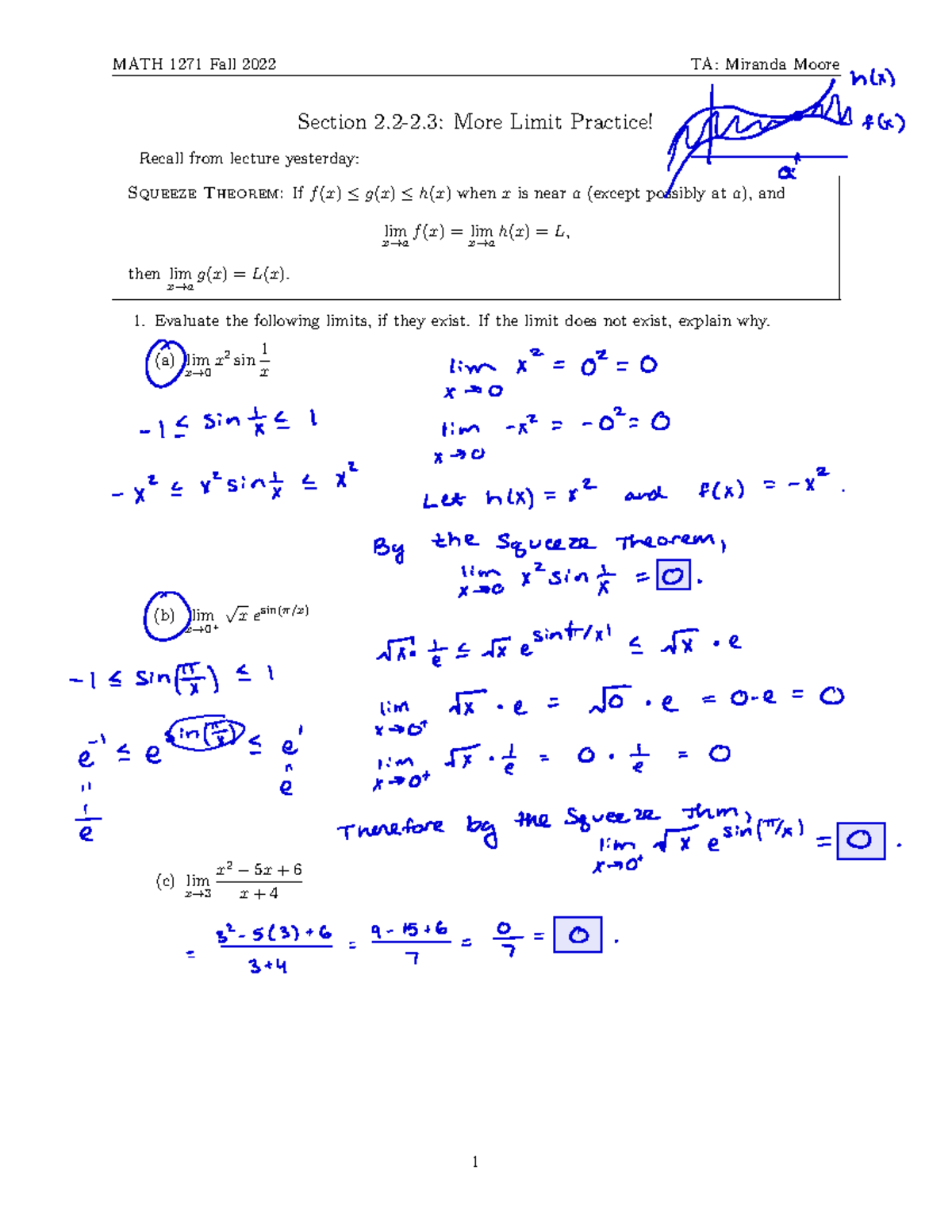 2.2-2.3 more limits solutions - Section 2.2-2: More Limit Practice ...