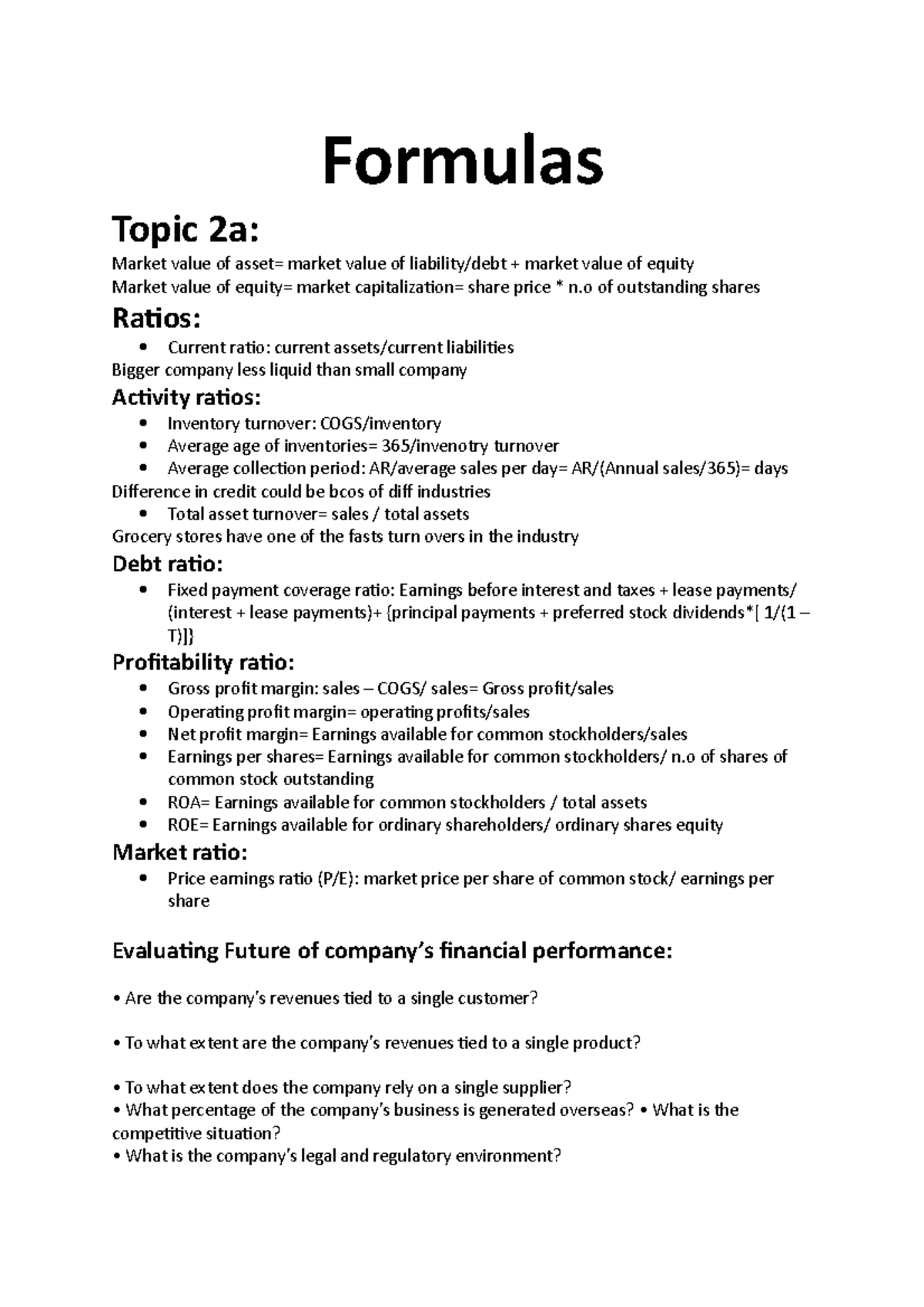 Formulas - Formulas Topic 2a: Market value of asset= market value of ...