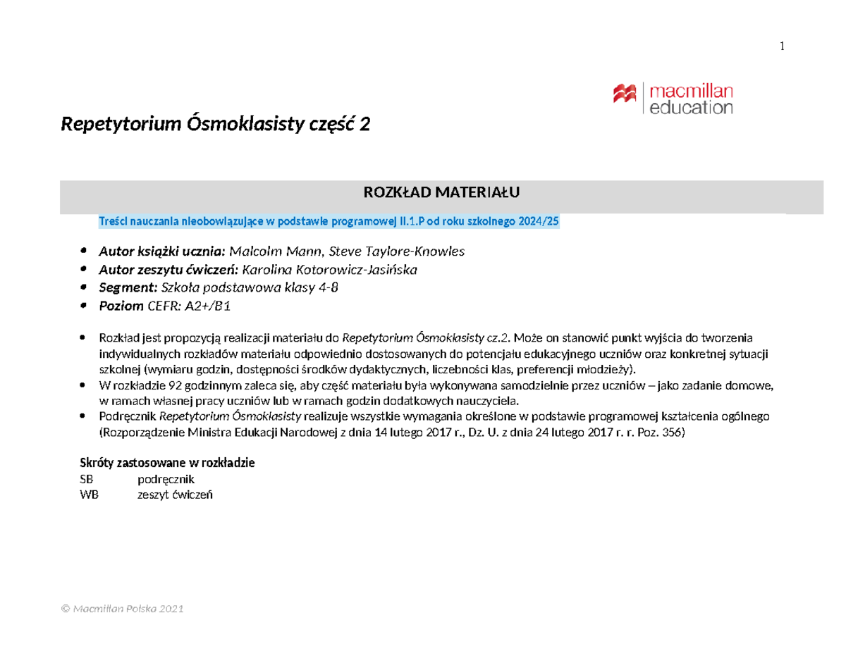 Repetytorium Osmoklasisty cz2 rozklad materialu PP 24-25 - Repetytorium