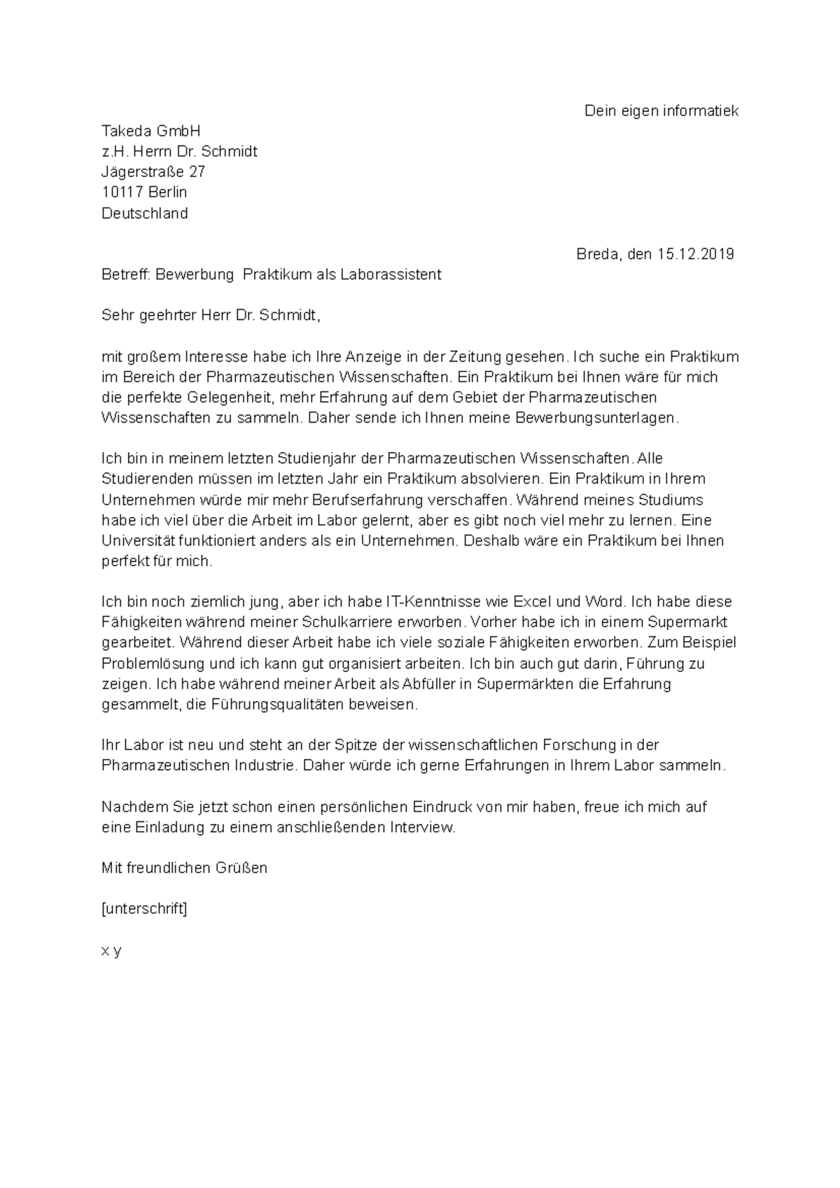 Duitse brief V2 Cijfer 7,3 Dein eigen informatiek Takeda GmbH z