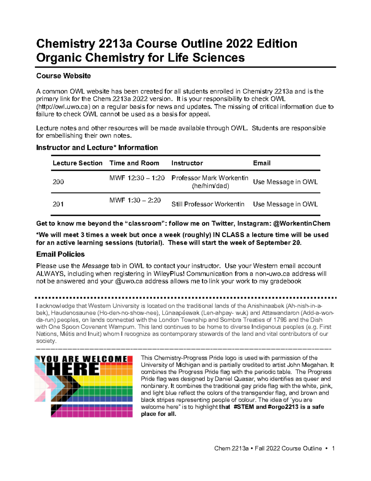 2213a Courseoutline Fall 2022 2 - Chemistry 2213a Course Outline 2022 ...