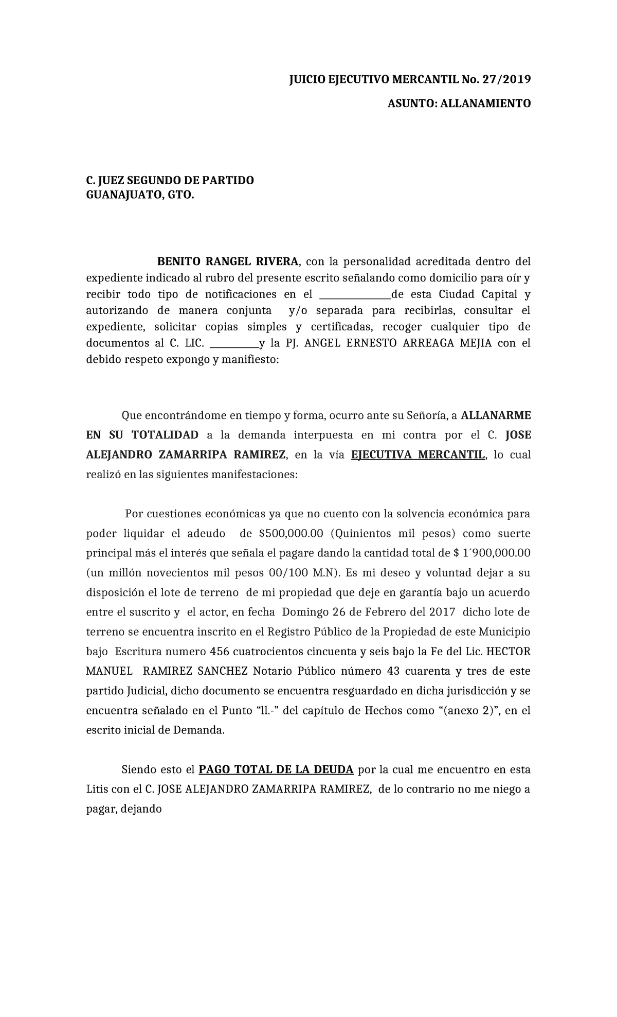 Allanamiento - JUICIO EJECUTIVO MERCANTIL No. 27/ ASUNTO: ALLANAMIENTO ...