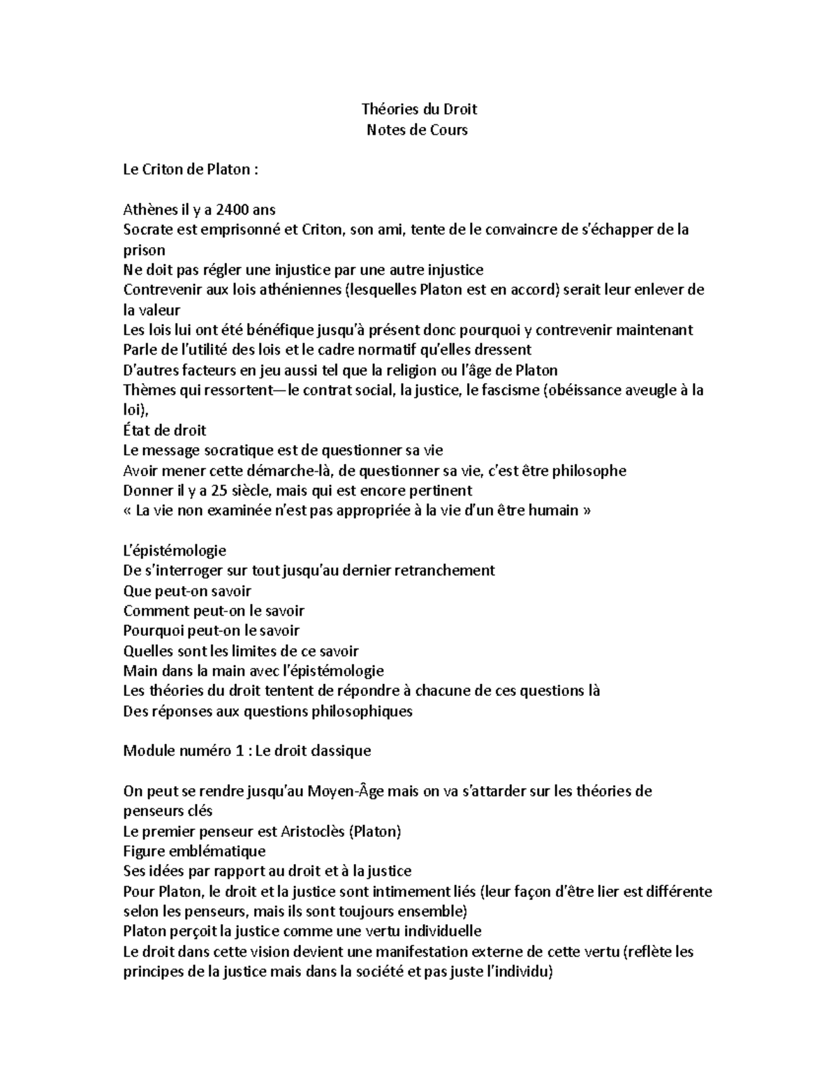 Notes de Cours - Théories du Droit Notes de Cours Le Criton de Platon ...