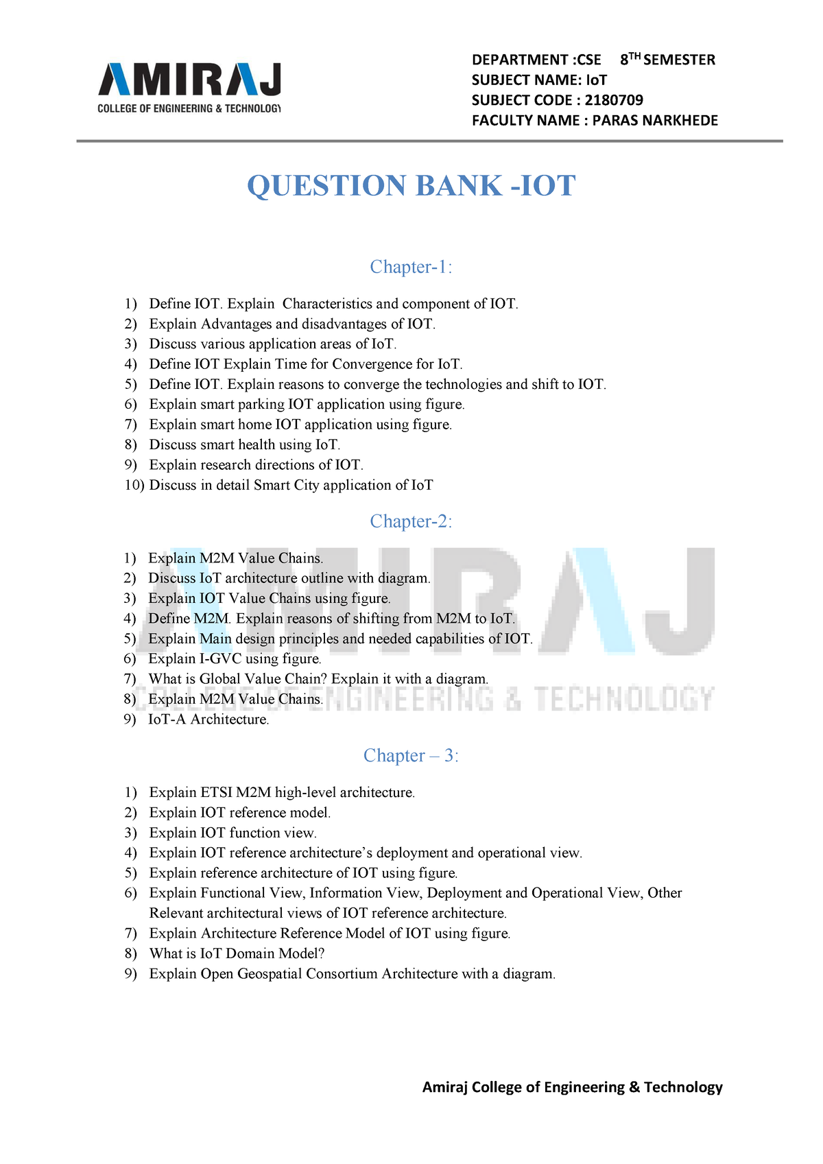 -iot Question-bank - SAMPLE QUIZ OF IOT - DEPARTMENT :CSE 8TH SEMESTER ...