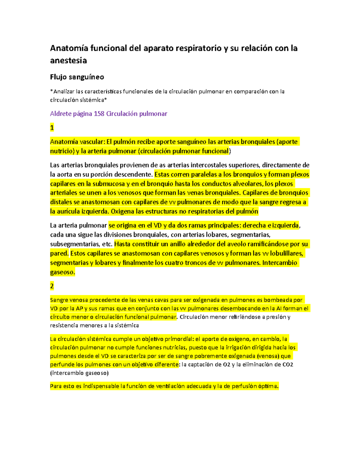 función de la circulación pulmonar sistémica