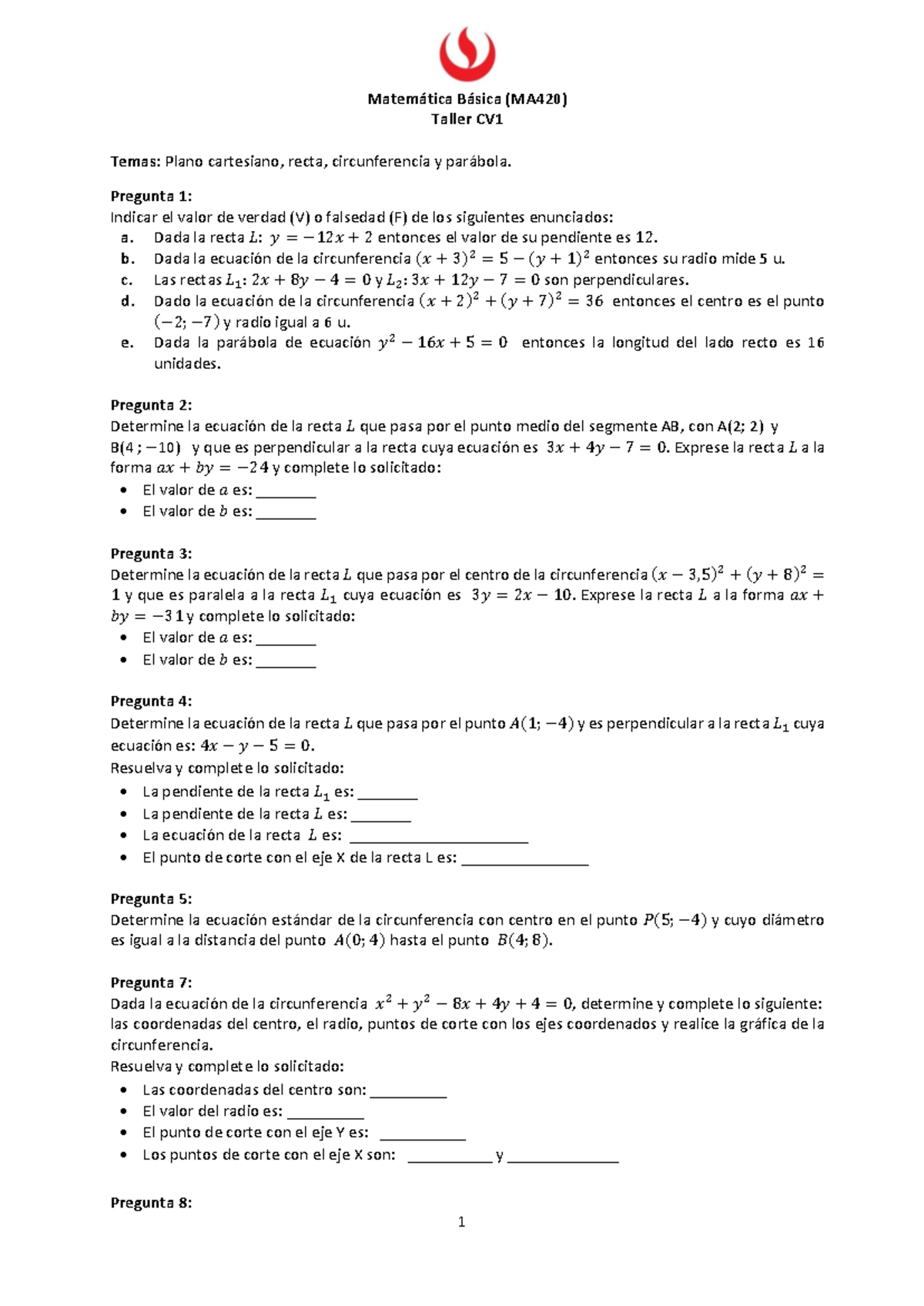 Taller CV1 - 1 Matemática Básica (MA420) Taller CV Temas: Plano ...