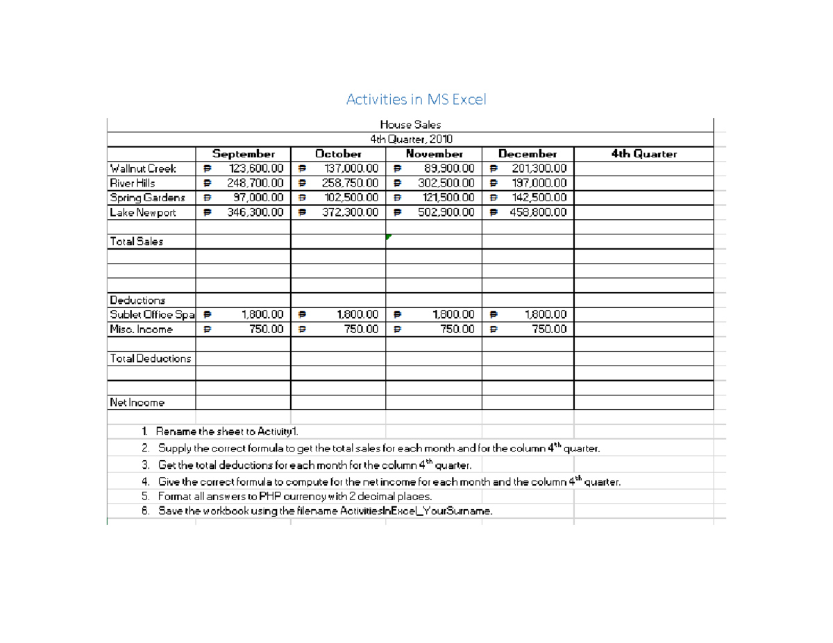 Exercises In MSExcel - Accounting Information System - Activities in MS ...
