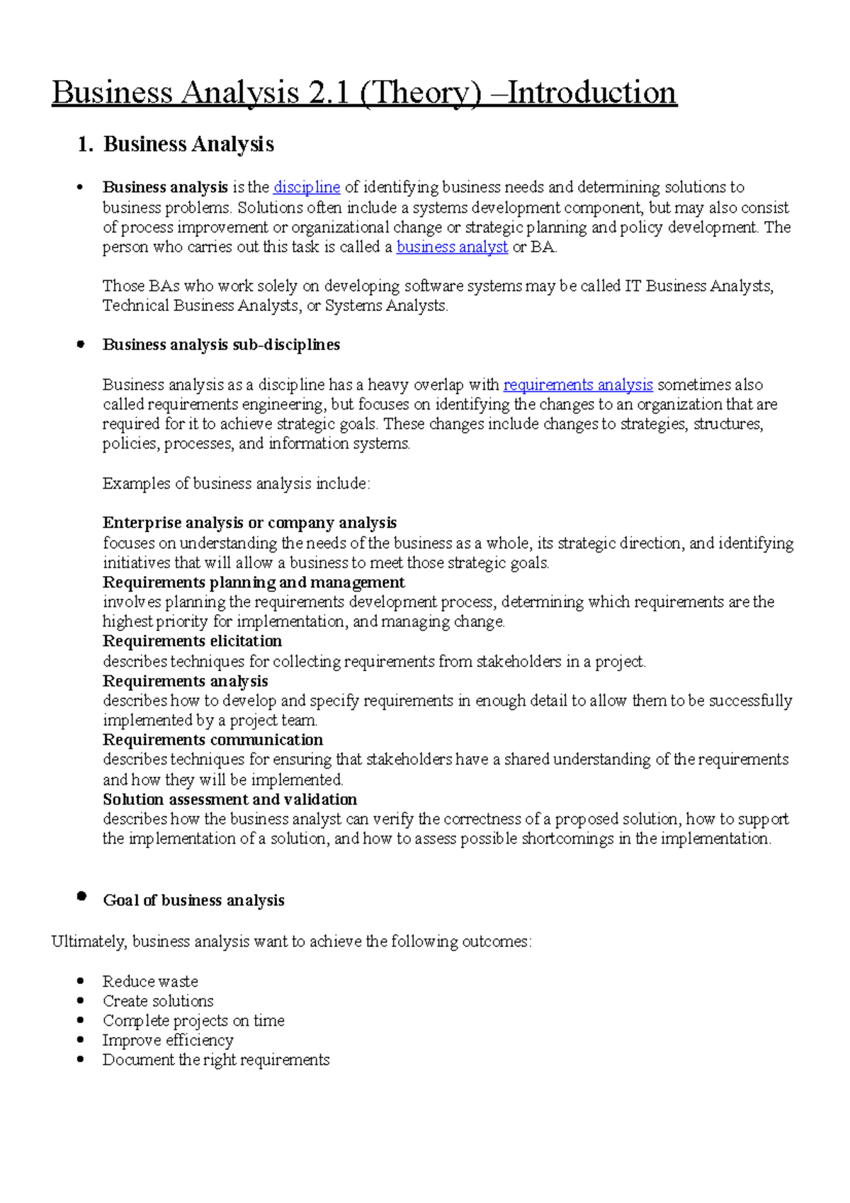 BA21 notes introduction Business analysis sub-disciplines Enterprise ...
