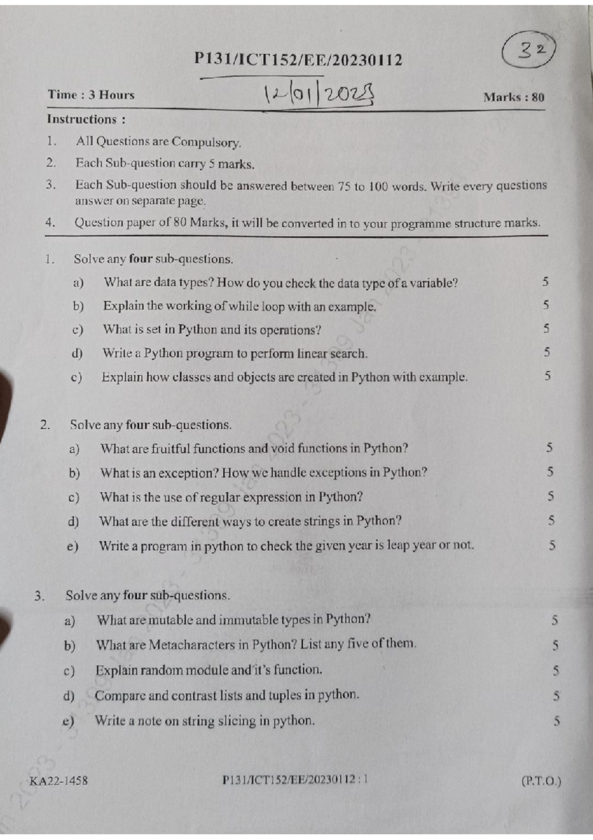 Python previous year paper - Bachelors of Computer Applications - Studocu