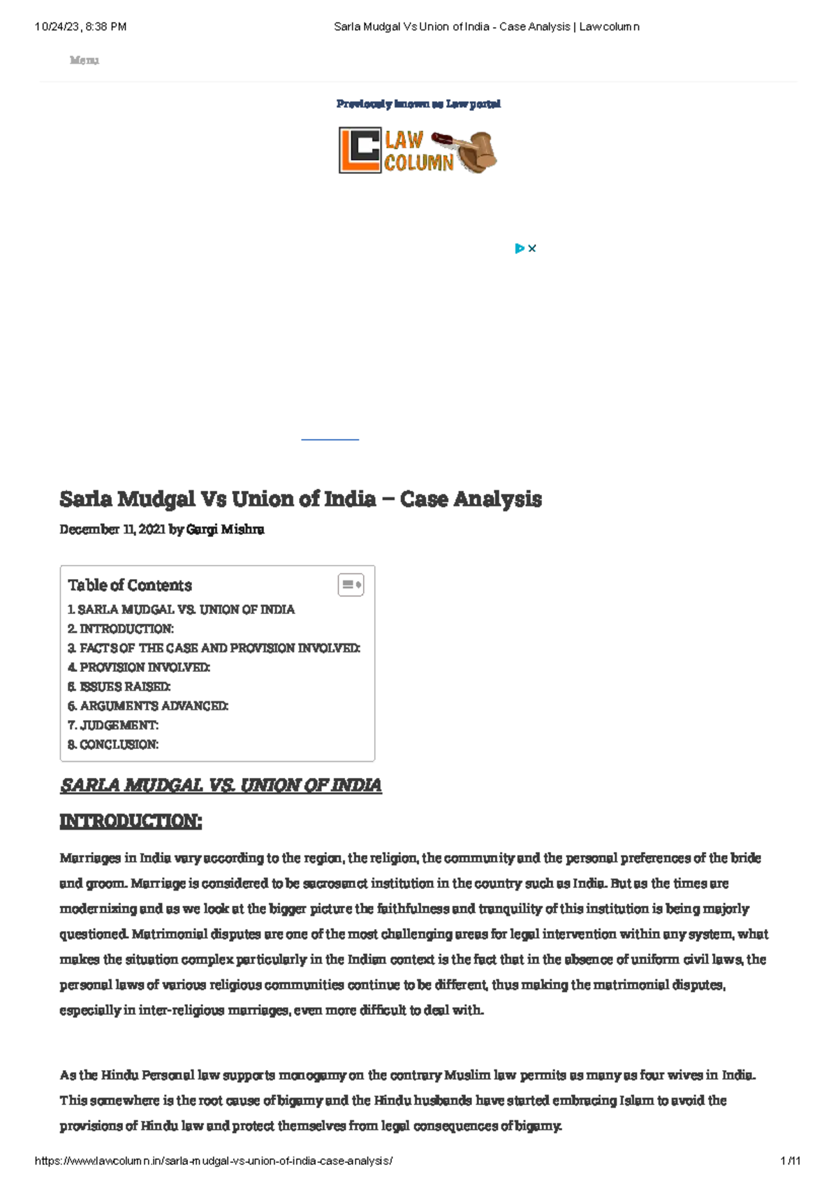 Sarla Mudgal Vs Union Of India - Case Analysis Law Column - Sarla ...