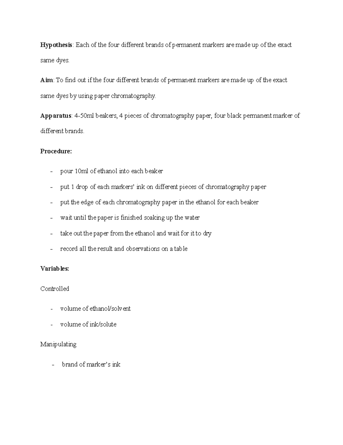 Chem lab1 PD chemistry lab report Hypothesis Each of the four